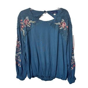 NWT Blue Rain Blue Comfy Lace Floral Embroidered Balloon Sleeve Blouse Top Large